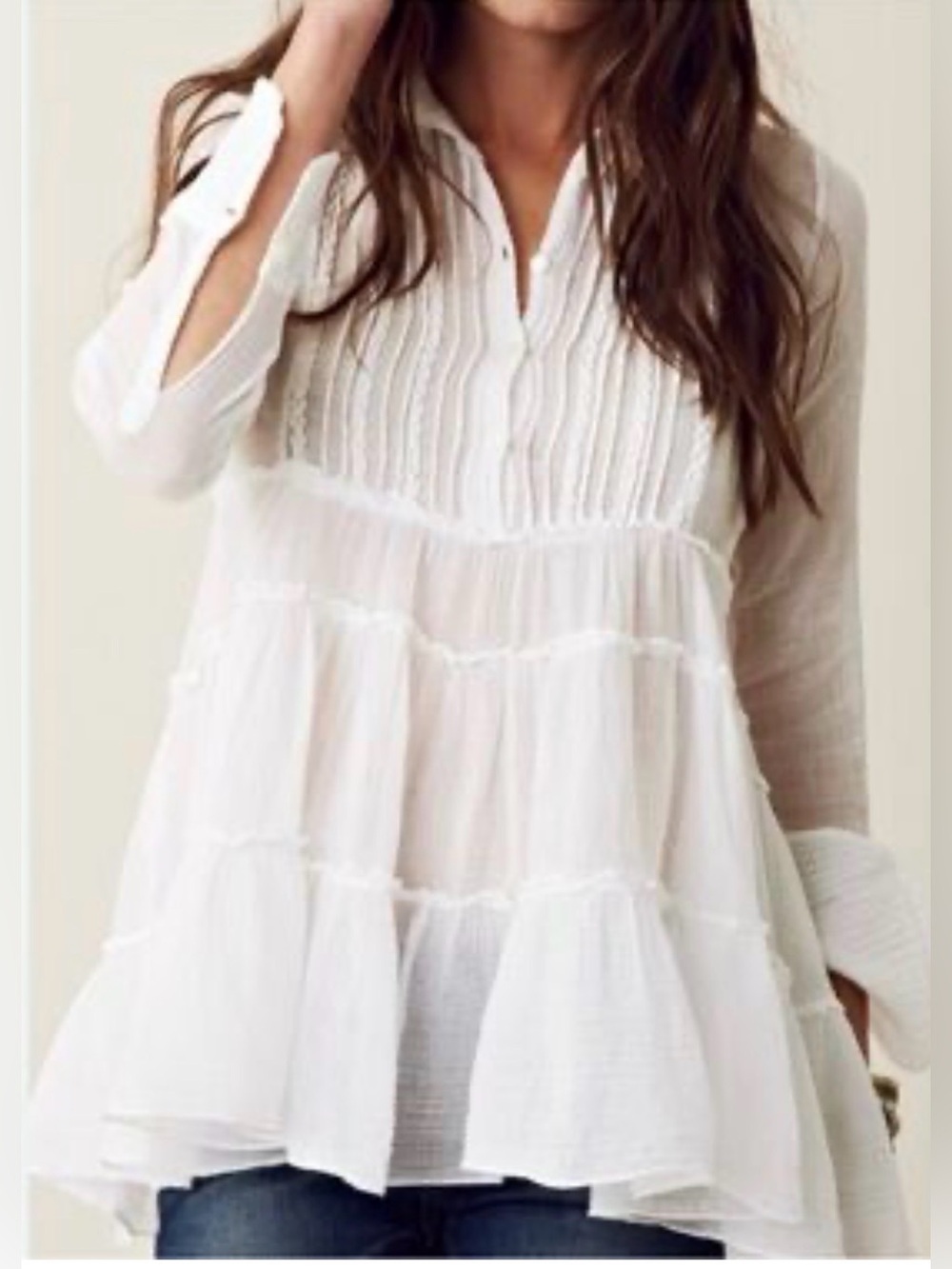 Ralph Lauren Denim & Supply Pleated Tiered Pintuck Babydoll Tunic Blouse Size S